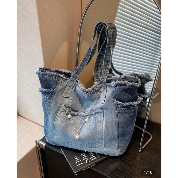 Denim Tote Bag Frayed Edge Shoulder Bag with Pearl Chain Cute Pocketbook - Picture 1 of 7